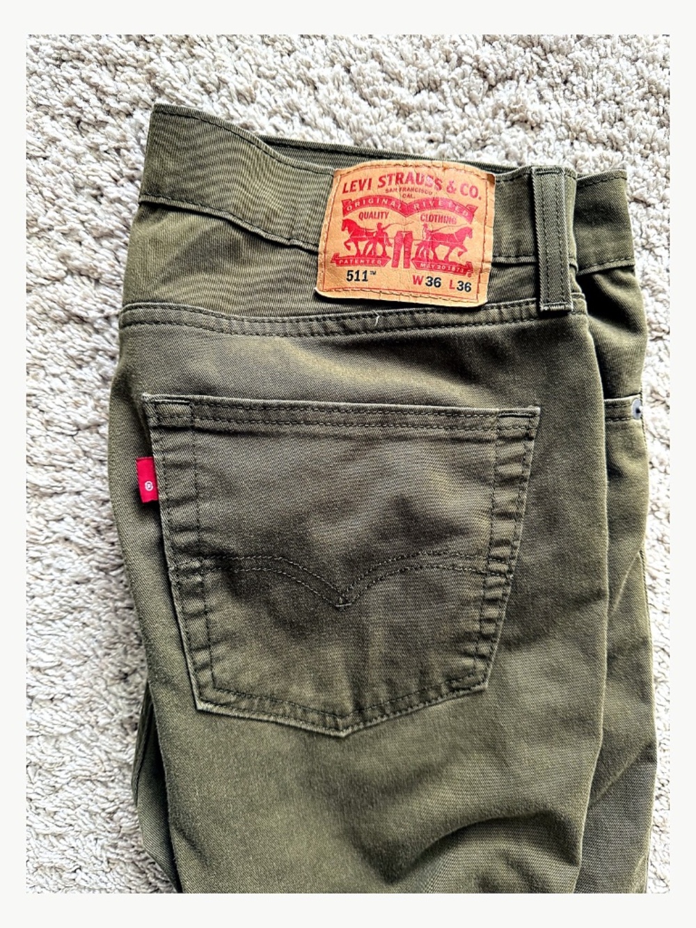 Levi’s 511 Slim Fit Olive Green All Seasons Tech WaterLess Jeans 36x36